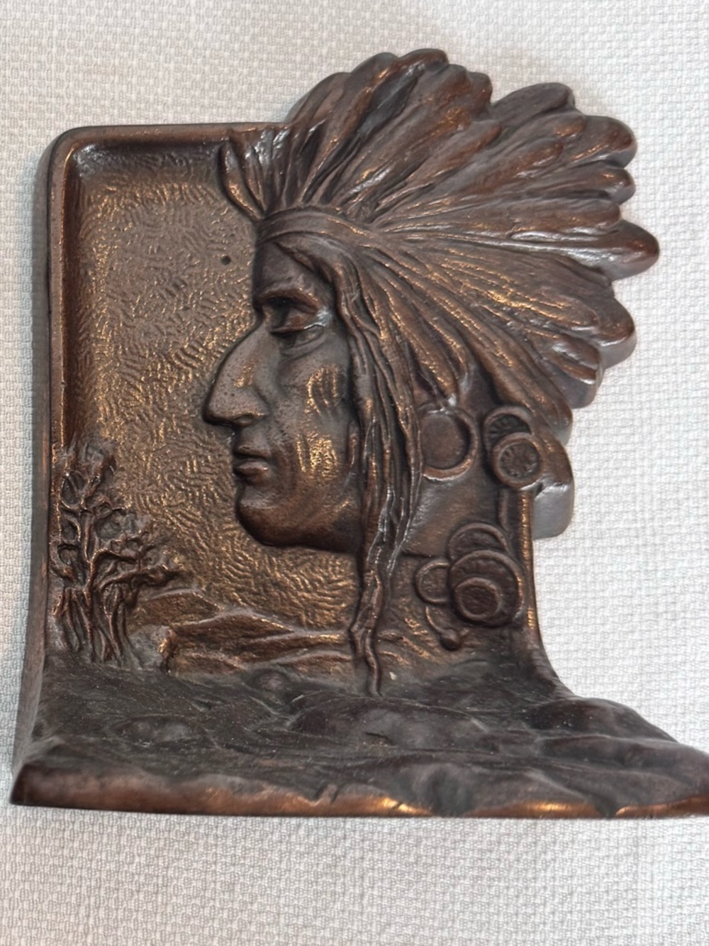 Antique Heavy Cast Bookends Depicting an Indigenous Warrior